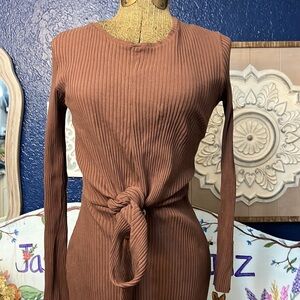 ZARA BROWN RIBBED MIDI TIE FRONT DRESS SMALL